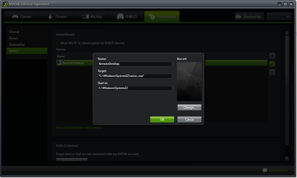 Adding remote desktop as Nvidia GameStream custom game