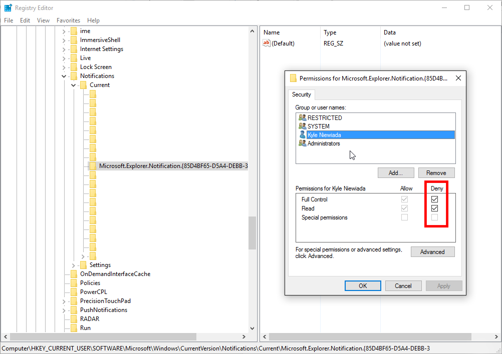 Denying full control permissions in Windows registry