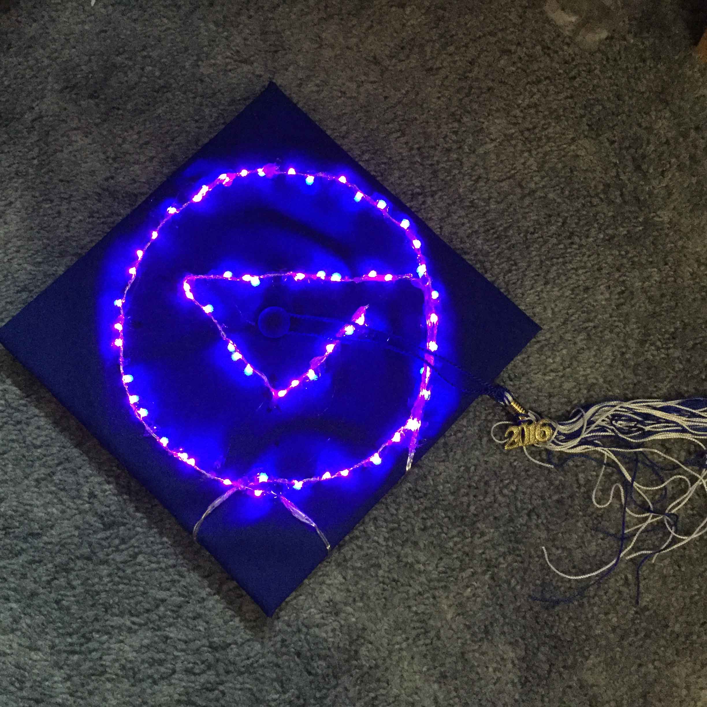 my graduation cap lined with LED strings