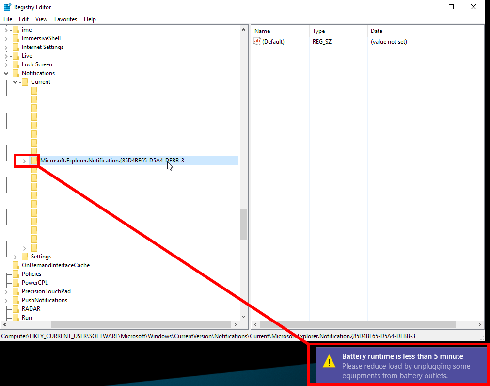 The notification for my battery adding a subkey in the registry