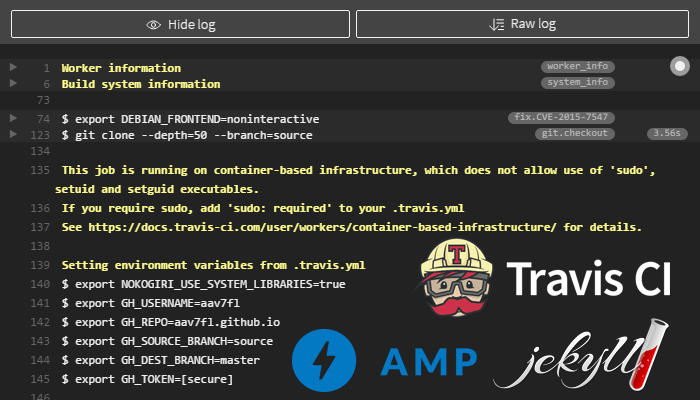 Travis-CI build log for my Jekyll site