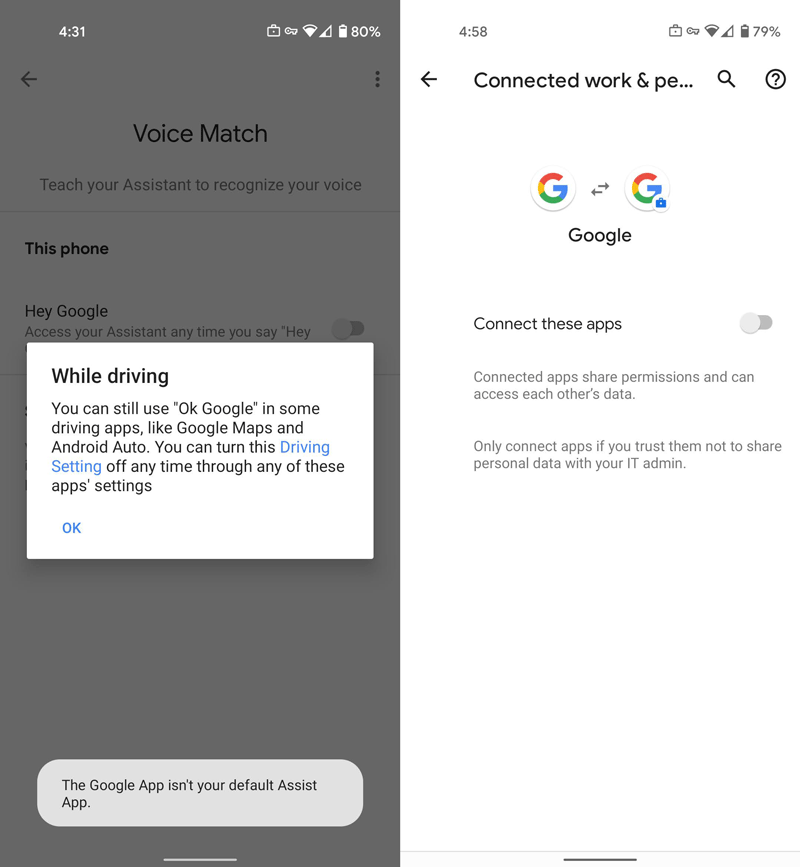 Screen showing an error about the default digital assistant when trying to train their voice in the work profile