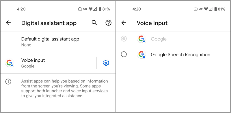 Screen showing how the user is unable to change the Default Assistant voice input after changing it in the work profile
