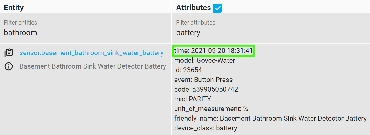 Showing water-leak sensor attributes while highlighting the time attribute