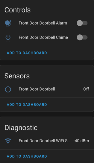 Home Assistant dashboard showing contents of the front door doorbell