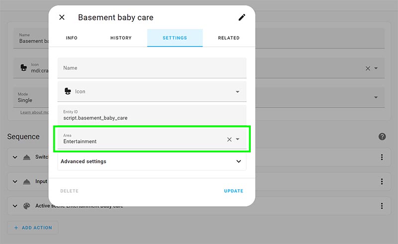 Assigning a script to an area in Home Assistant