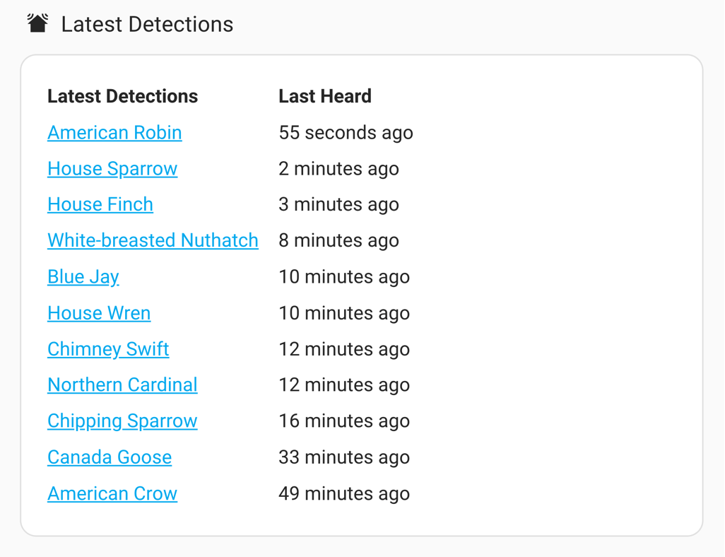 Home Assistant dashboard showing BirdNET's the most recent species detected
