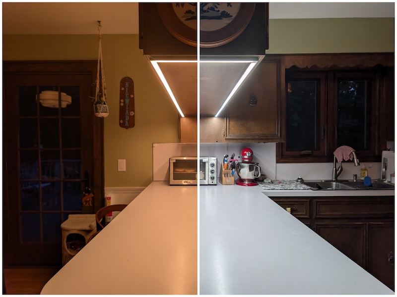 Kitchen counter illuminated with warm and cool LED lighting
