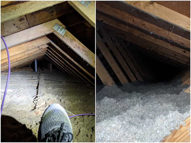 Before and after new insulation was installed in the attic
